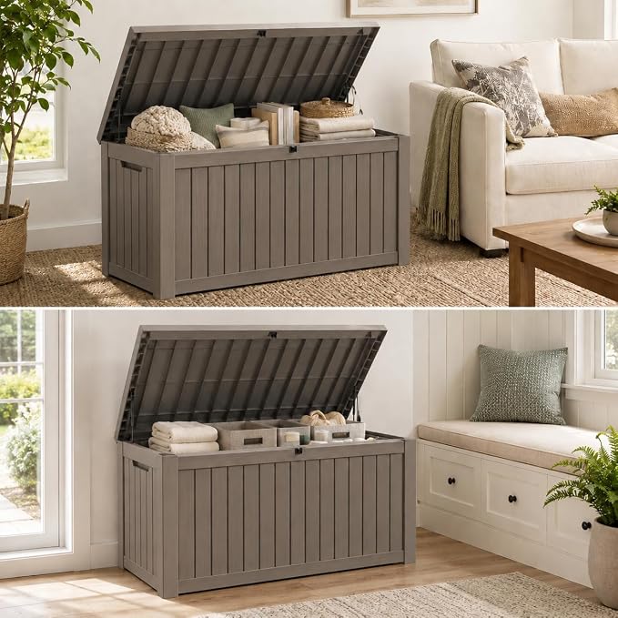 155 Gallon Outdoor Deck Storage Box, Large Waterproof Resin Patio Storage Box, Lockable Bench Seat Holds 2 Adults, for Garden Tools, Cushions & Pool Floats, UV & Rust Resistant, Gray Brown