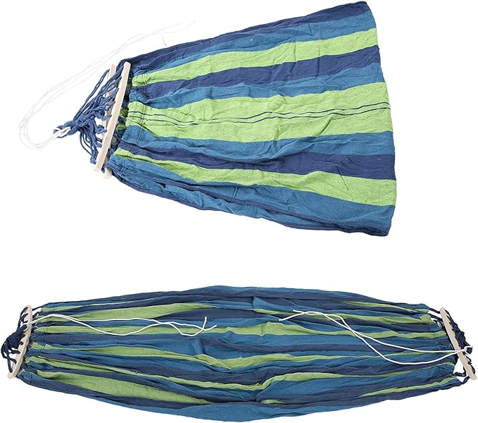 Camping Hammock Portable Outdoor Travel Lightweight Hammock with Hardwood Spreader Bar for Camping Hiking Made of Canvas Blue with Color Stripe Approx 240x150cm 1230g