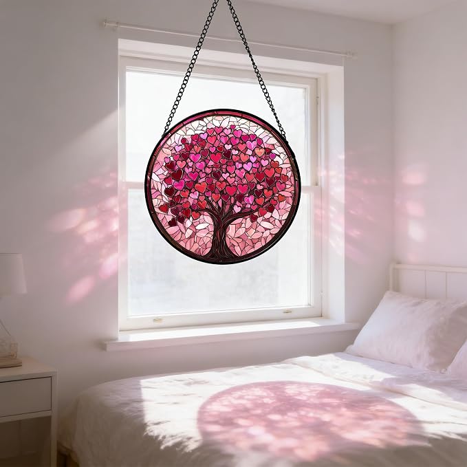 Stained Glass Window Hanging, Birthday Gifts for Women Mom Grandma Nana Wife Couple, Pink Love Tree Suncatcher for Doors Window Home Sun Catchers Gifts Decor 9.8 in