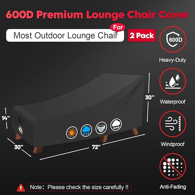Zettum Outdoor Lounge Chair Cover 2 Pack - Waterproof Patio Chaise Lounge Chair Cover, 600D Fade-Resistant Outdoor Seating Covers For Pool Lounge Chair, Lawn Bench Furniture 72 x 30 x 30 Inch