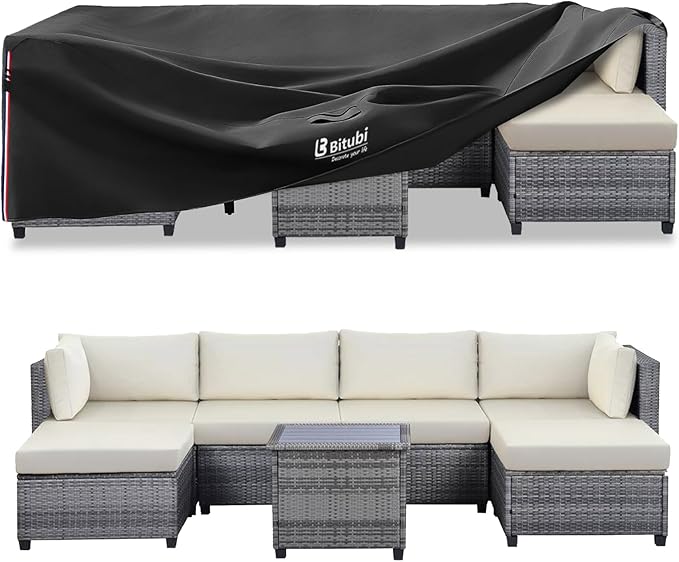 Bitubi Rectangular Patio Table Cover - Heavy Duty 600D Tough Canvas Waterproof Outdoor Dining Table and Chairs Universal Furniture Cover Size 111L x 74W x 28H inch, Black