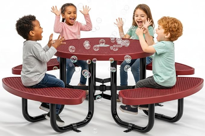 Round Metal Picnic Tables for Kids for Outdoors with Umbrella Hole, Adjustable Seats for School, Park, Playground (Red, 38 in, Kids, Expanded Steel)