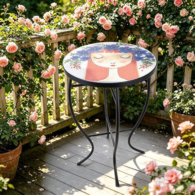 14 Inch Mosaic Patio Side Table with X-Curved Legs, Indoor Outdoor Accent Round End Table with Ceramic Tile Tops for Yard, Garden, Living Room, Bistro, C - Red Hair Girl