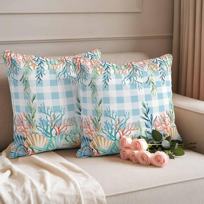 Throw Pillow Covers 24x24 Inch Set of 2, Nautical Coastal Waterproof Outdoor Pillow Covers, Summer Beach Shell Coral Seaweed Blue Plaid Decorative Cushion Pillowcases for Couch, Sofa, Bed, Patio