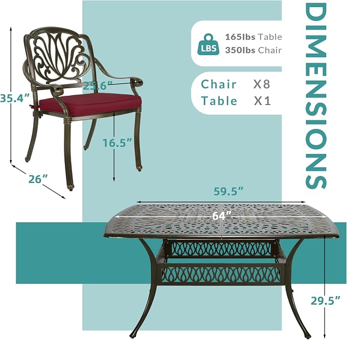 MEETWARM 9-Piece Outdoor Furniture Dining Set for 8, All Weather Cast Aluminum Patio Dining Set- Large 64" Square Table with Umbrella Hole and 8 Cushioned Chairs, Patio Table and Chairs Set, Red
