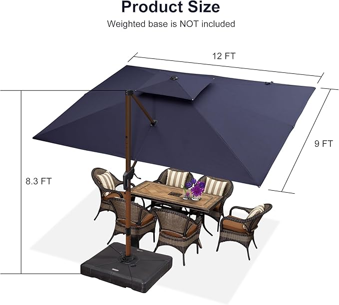 PURPLE LEAF 9' X 12' Double Top Deluxe Wood Pattern Rectangle Patio Umbrella with Base Offset Hanging Umbrella Outdoor Market Umbrella Garden Umbrella, Navy Blue