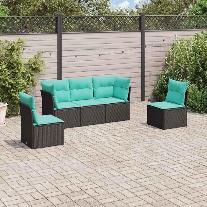 5 Piece Patio Sofa Set with Cushions, Patio Conversation Set Garden Lounge Set Porch Furniture Set Outdoor Sofa Sets for Exhibition Poolside Piazza Negotiation Area Black Poly Rattan