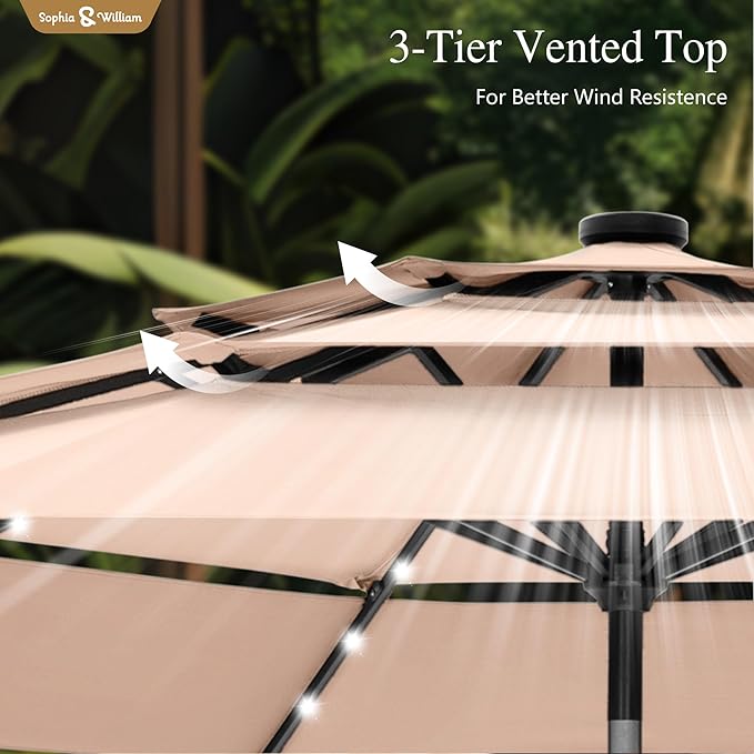 Sophia & William 10ft Patio Umbrellas 3-Tier Umbrella Outdoor Patio Umbrellas with Lights Vented Top 24 LED lights Adjustable Tilt for Pool Garden Backyard, Beige