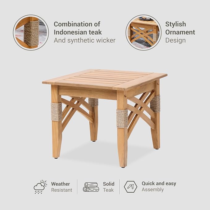 Cambridge Casual Solid Teak Wood Sierra Square Side Table with Shelf, Side Table with X Detail and Honey Twist Wicket, Perfect Pairing with Outdoor Chat Set, Conversation Set, or Patio Lounge Chair