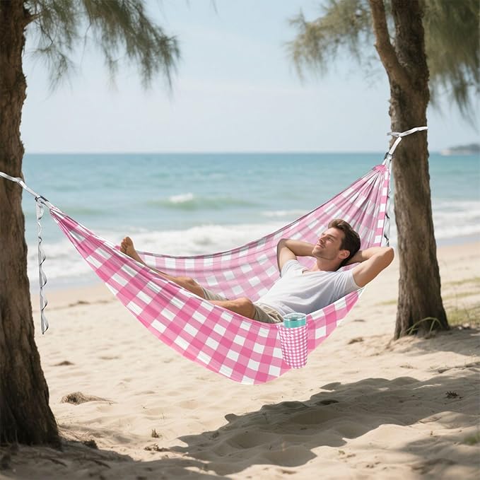 Pink and White Grid 330lb Capacity Camping Hammock with Hanging Rope Hanging Hammock for Camping & Hiking Essential accesorios para campamento