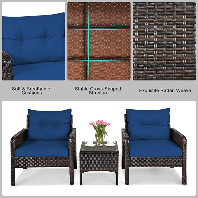 HAPPYGRILL 3 Piece Patio Conversation Set Outdoor Rattan Wicker Furniture Set with Coffee Table & Chairs Patio Bistro with Seat Cushions for Garden Balcony Backyard Poolside