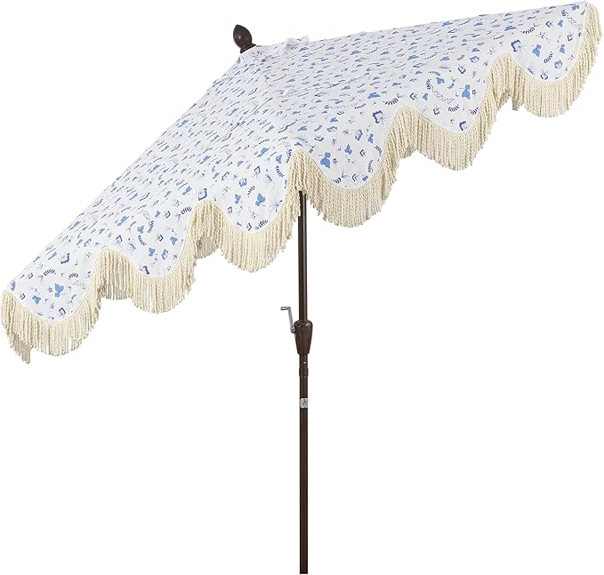 JONATHAN Y UMB1001 Collins 9 ft. Classic Cottage Tassel Market Patio Umbrella with Auto-Tilt, Crank, Wind Vent and UV Protection