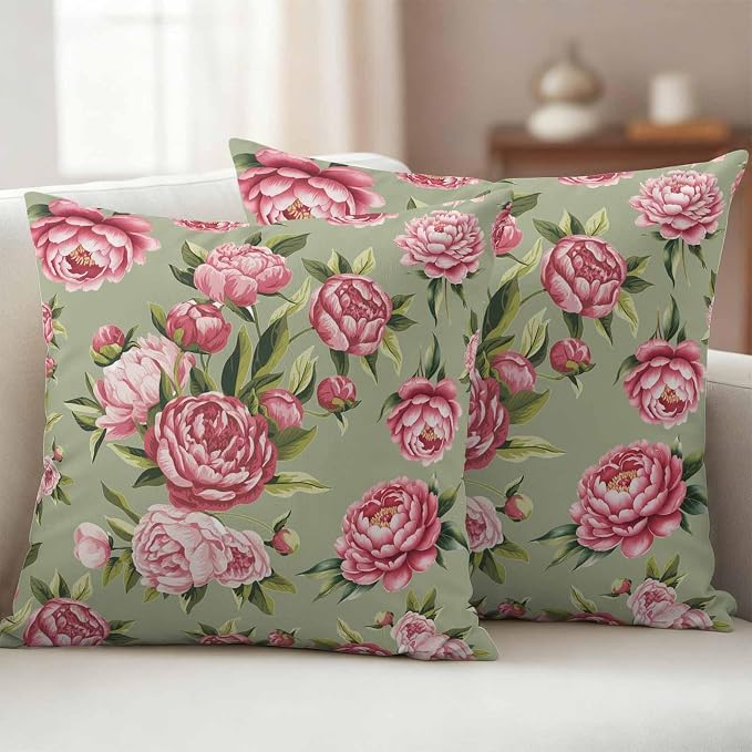 Flowers Vintage Outdoor Pillow Covers 16x16 Inch Throw Pillow Covers Set of 2 Waterproof Decorative Pillow Cases Green Leaves Pastoral Floral Country Cushion Covers for Patio Furniture Garden Couch