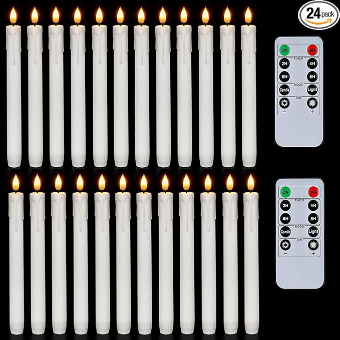 Homemory 24 Pcs White Flameless Taper Candles with Remote Timer, Lifelike Taper Candles Battery Operated with Flickering Light, Plastic, Led Candlesticks, Christmas Home Wedding Decor, 9.6 Inches