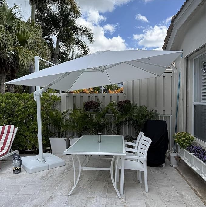 PURPLE LEAF 9 FT Patio Umbrella Outdoor White Cantilever Umbrella Aluminum Square Outdoor Offset Umbrella Hanging Windproof with 360° Rotation for Garden Deck Pool, White
