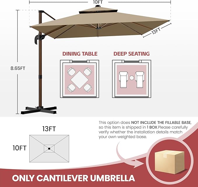 GENTEACO 10x13FT Wood Pattern Cantilever Patio Umbrella, Double Top Rectangle Offset Umbrella 7 Angle Tilts & 360° Rotation, Large Heavy Duty Outdoor Sun Umbrella for Pool Market, Tan