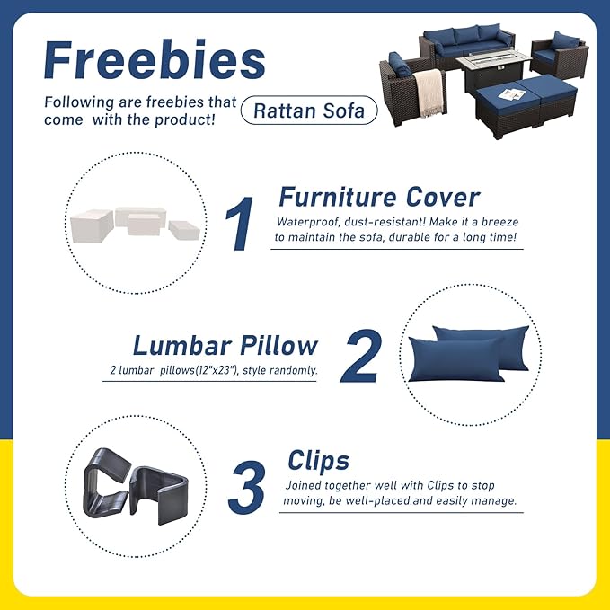 6-Piece Patio Furniture Set Outdoor Furniture Set with 45'' Propane Gas Fire Pit Table Outdoor Conversation Set Wicker Sofa Set Non-Slip Cushions Waterproof Covers, Navy Blue