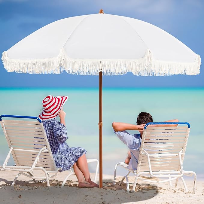 Aoxun 7ft Patio Umbrella with Fringe,Outdoor Beach Umbrella with Aluminum Pole, Ribs Push Button Tilt and Carry Bag, UV 50+ Picnic Tassel Umbrella (White)