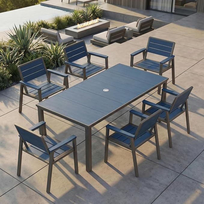 4 Person Outdoor Dining Set, Aluminum & HDPE Patio Table and Chairs with 2" Umbrella Hole, Weather-Resistant Outdoor Furniture for Backyard, Deck, Porch, Garden, Poolside (Navy)