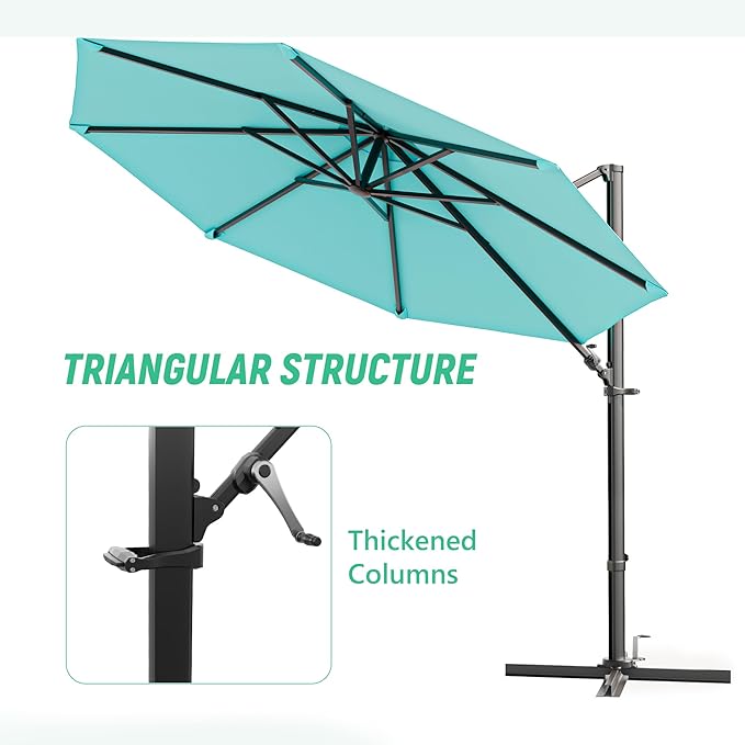 Greesum 10FT Outdoor Patio Umbrella with High Pedel and 4 Gear Heights, Large Offset Market Umbrella with 360-degree Rotation, Without Base, Hanging Outdoor Shade for Garden, Lawn, Pool, Light Blue