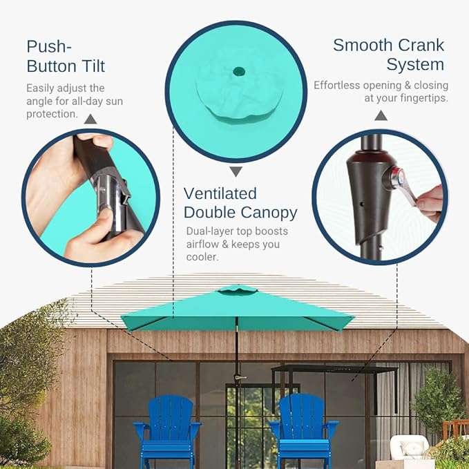 6.5' x 10' Rectangular Patio Umbrella Large Outdoor Market Umbrella w/ UV Protection, Push Button Tilt and Crank Lift, Rectangle Table Umbrella for Garden, Deck, Pool, Patio, Turquoise Blue
