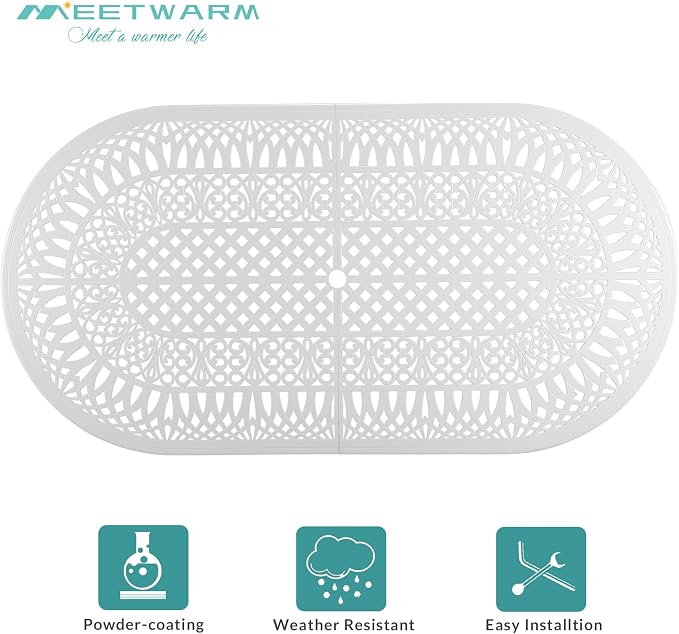 MEETWARM 9-Piece Outdoor Furniture Dining Set, All Weather Cast Aluminum Patio Garden Set with 8 Chairs,1 Oval Table, 2" Umbrella Hole, White