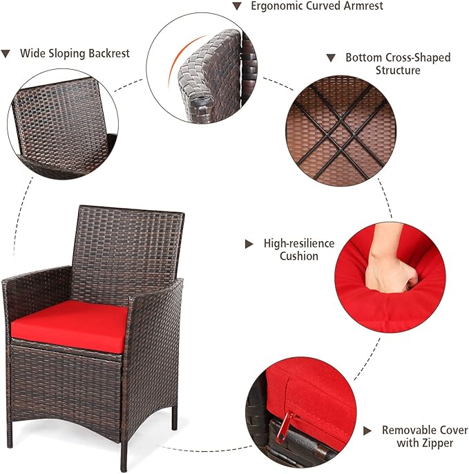 3 Pieces Patio Furniture Set, Wicker Outdoor Furniture with Water-Resistant Cushion & Tempered Glass Top Table, Conversation Set Bistro Set for Porch, Balcony, Backyard (Red)