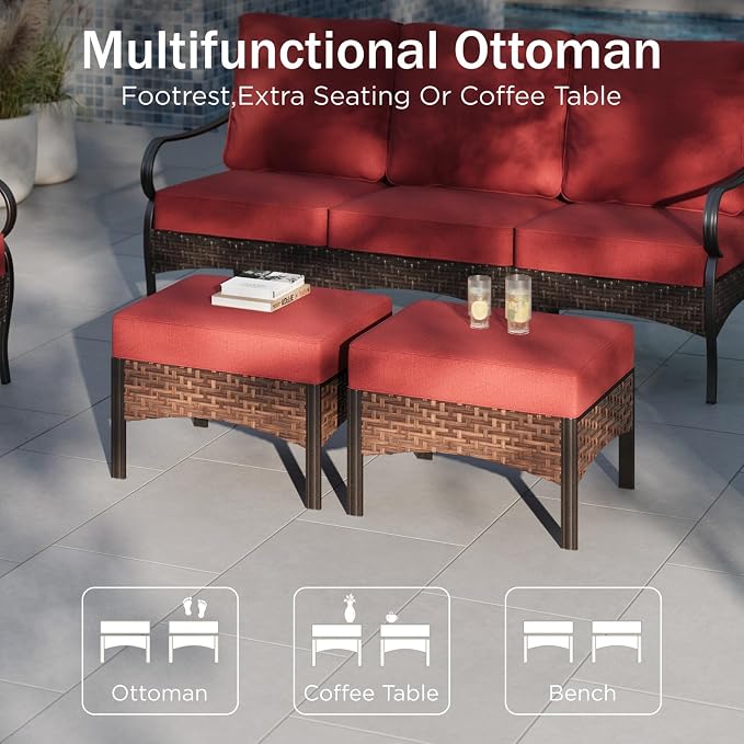 PHI VILLA Patio Furniture Set, Upgraded Wicker & Metal Modern Outdoor Conversation Sets Patio Sectional Rocking Chair Set with Coffee Table & Waterproof Thick Cushions for Porch, Deck(6 Pieces, Red)