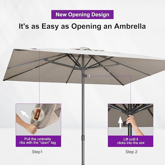 PURPLE LEAF 10 X 10 FT Semi-Auto Outdoor Patio Umbrella Market Table Sun Umbrellas with 8 Aluminum Sturdy Ribs for Backyard Deck Garden Pool (Gray Pole Beige Canopy)