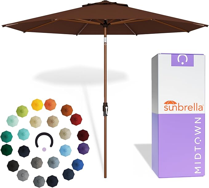 Midtown Umbrellas Wooden 2-8 Ft Patio Umbrella with 360° Swivel & Tilt Mechanism, 8 Fiberglass Ribs & Sunbrella Fabric - Outdoor Umbrella for Deck, Pool & Garden - Burgundy Canopy, Wooden Pole