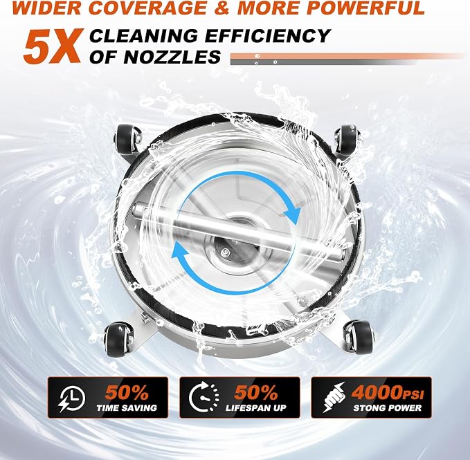 14" Pressure Washer Surface Cleaner with 4 Wheels, Stainless Steel Surface Cleaner for Pressure Washer for Concrete, Patio, Sidewalk & Driveways, 1/4" Quick Plug, 2 Extension Wand, 4000 PSI