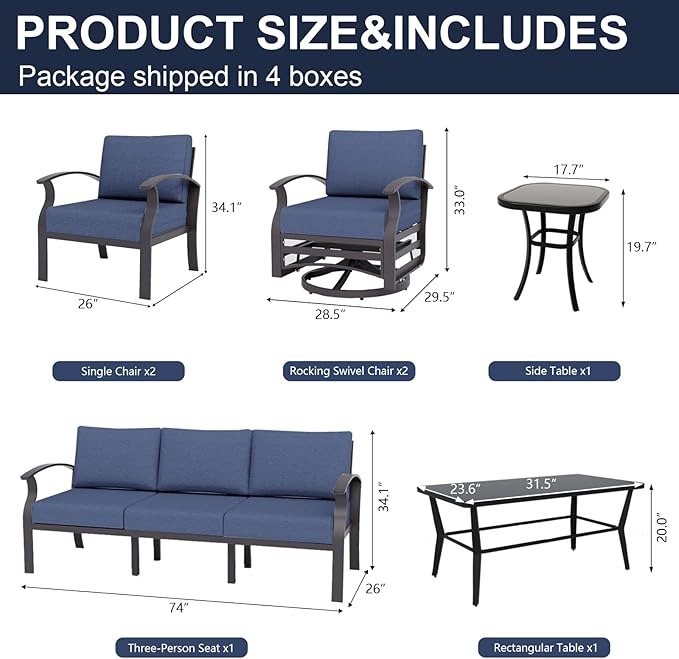 Kurapika Aluminum Patio Furniture Set 7-Seat Modern Outdoor Conversation Sets w/Swivel Rocking Chairs with Rectangular Coffee Table, Navy Blue