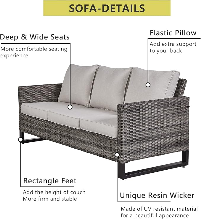 HUMMUH 7 Piece Patio Furniture with Fire Pit 30in 55,000 BTU,PE Wicker Outdoor Conversation Sets - Couch,Patio Swivel Chairs and Ottomans,Side Table for Porch,Garden,Backyard