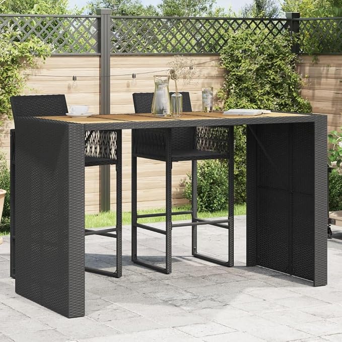 Synthetic Rattan Bar Table Black 72.8 Inch Long Rectangular Outdoor Bar Height Table Weather Resistant for Patio Garden Poolside