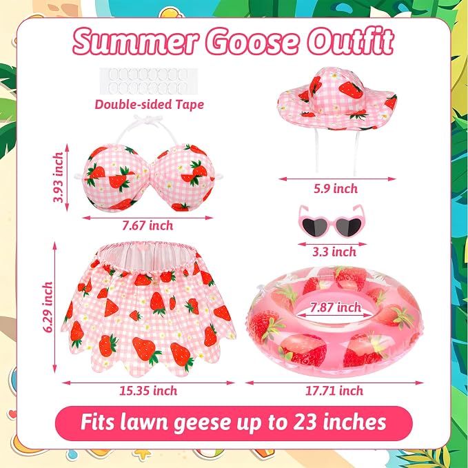Hawaiian Porch Goose Outfits Summer Bikini Goose Outfit Fits 17 23 Inch | Strawberry Goose Costume with Sunglasses & Wreath for Cement Yard Plastic Statues, Outdoor Garden Patio Decor