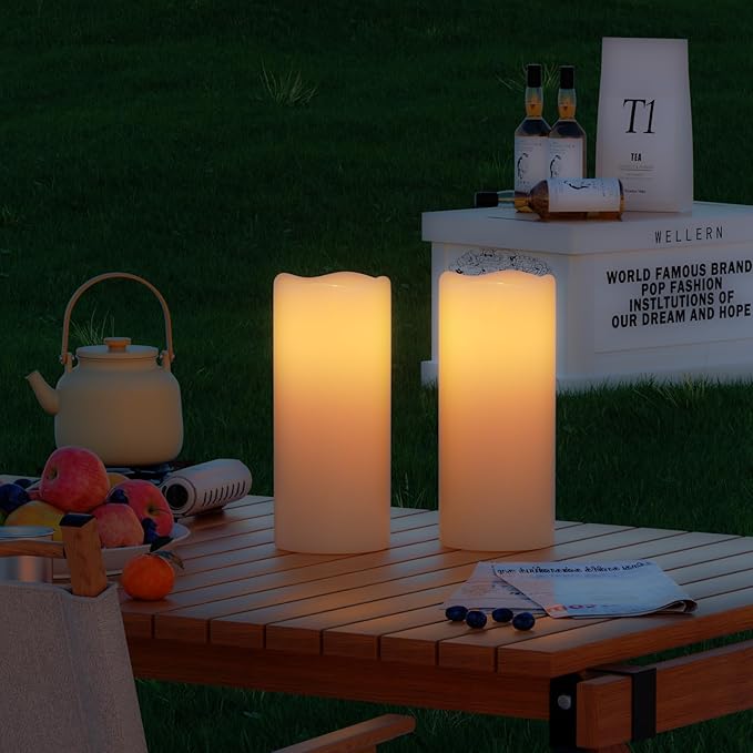 GenSwin Waterproof Outdoor Flameless Candles Battery Operated with Remote Timer, Large Flickering LED Pillar Candles for Indoor Outdoor Lanterns, Won’t melt, Long-Lasting(White, Set of 2) D4 x H8 8"