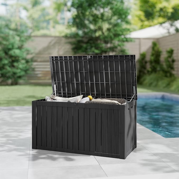 180 Gallon Deck Boxes Outdoor Waterproof, Outdoor Storage Box with Lockable Lid & UV-Resistant for Patio Furniture, Outdoor Cushions, Garden Tools and Pool Supplies, Black