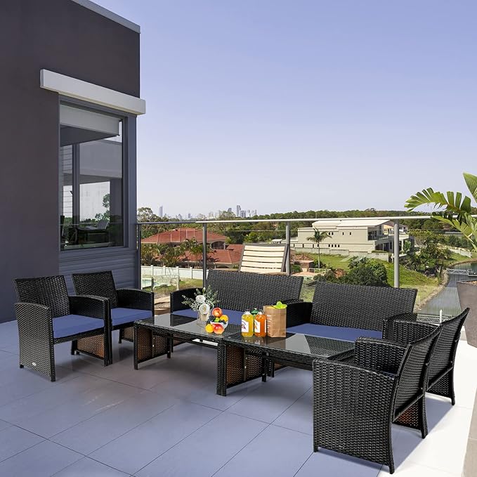 COSTWAY 8 Piece Patio Furniture Set, Outdoor PE Rattan Wicker Sectional Sofa with Cushion and Coffee Table, Patio Conversation Sets for Balcony Lawn Porch Patio Backyard Garden Poolside, Navy