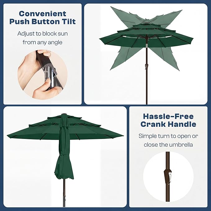 10ft 3 Tier Patio Umbrella, Outdoor Market Table Umbrella with UPF 50+ Vented Canopy, 8 Sturdy Ribs, Easy Push Button Tilt and Crank, Windproof for Deck, Pool, Backyard and Garden