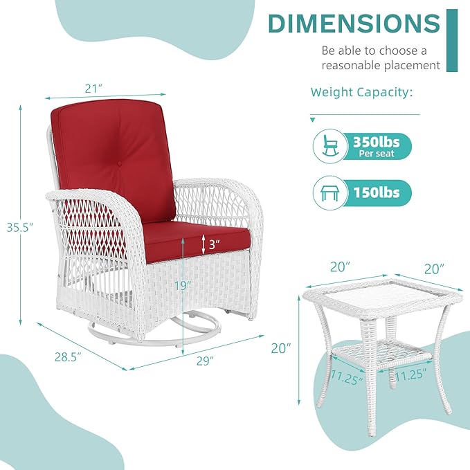 MEETWARM 3-Piece Outdoor Wicker Swivel Rocker Patio Set, Rocking Chairs Rattan Patio Furniture with Thickened Cushion and Glass-Top Coffee Table, Conversation Bistro Set, White Wicker/Red