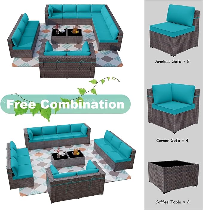 ALAULM 14 Pieces Patio Furniture Set Wicker Patio Conversation Set, Outdoor Sectional Furniture w/Coffee Table & Washable Seat Cushions-Blue