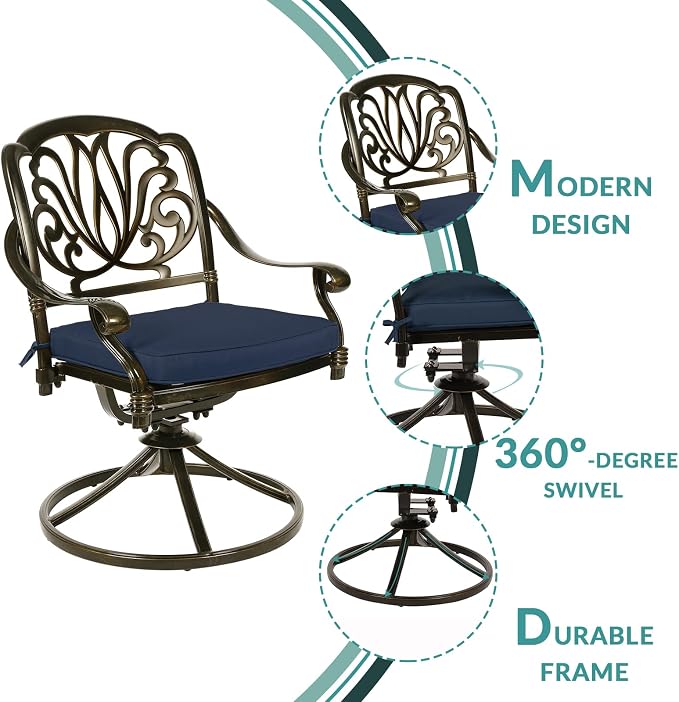 MEETWARM 9-Piece Patio Dining Set Outdoor Furniture with 8 Cushioned Swivel Rocker Chairs and Large Table, All-Weather Cast Aluminum Patio Conversation Set for Backyard, 2" Umbrella Hole, Navy Blue