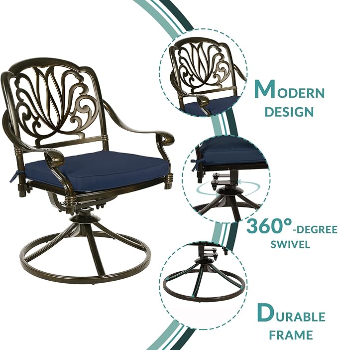 MEETWARM 5-Piece Outdoor Patio Dining Set, All-Weather Cast Aluminum Patio Conversation Set for Backyard Garden Deck with 4 Cushions Swivel Rocker Chairs and 35.4" Square Table, Navy Blue