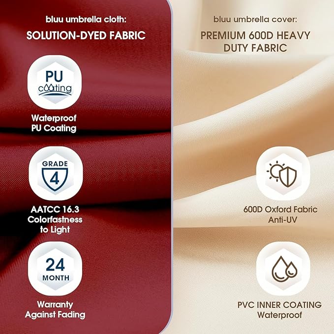BLUU BANYAN 10 FT Patio Offset Umbrella Cantilever Hanging Umbrellas, 24 Month Fade Resistance & Water-repellent UV Protection, Crank & Cross Base (Burgundy, 10 FT WITH 600D COVER)