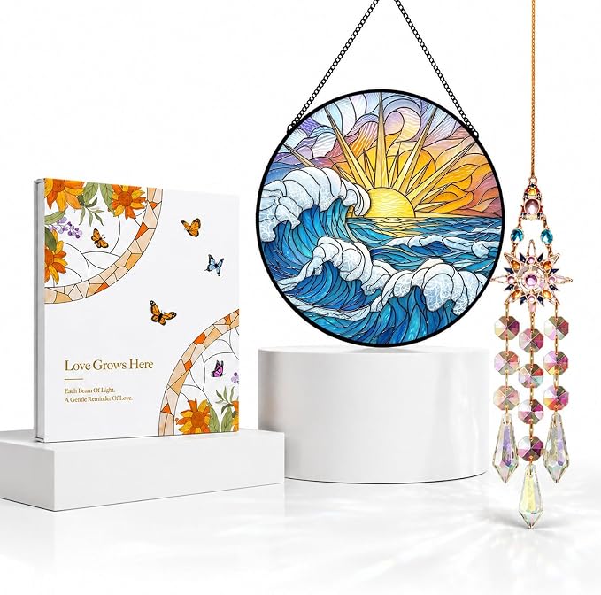 Deluxe Bundle | Stained Glass Window Hanging, Ocean Sunrise 3D Embossed Diamond Glass Suncatcher, 7-Piece Coastal Gift Set with Crystal Pendant & Invisible Hooks