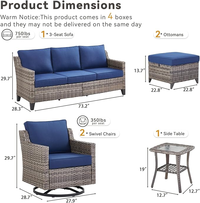6 Piece Outdoor Patio Wicker Furniture Sets-High Back Outdoor Conversation Set Sectional Sofa with Wicker Swivel Rocker Patio Chairs,Thick Cushions Ottomans for Porch Balcony Patio Deck Grey/Blue