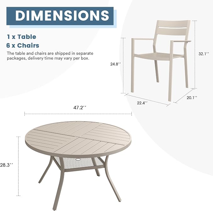 DIFY 7 Piece Outdoor Patio Dining Set for 6, 47.2" Round Dining Table with Umbrella Hole and Stackable Metal Chairs, Patio Table and Chairs Set for Backyard Garden Poolside, Sandshell