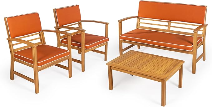 JONATHAN Y LVG1000D-4SET Barclay 4-Piece Modern Coastal Acacia Wood Conversation Outdoor Patio Set with Cushions Transitional, Classic, Traditional, Vintage, Mid-Century, Orange/Teak Brown
