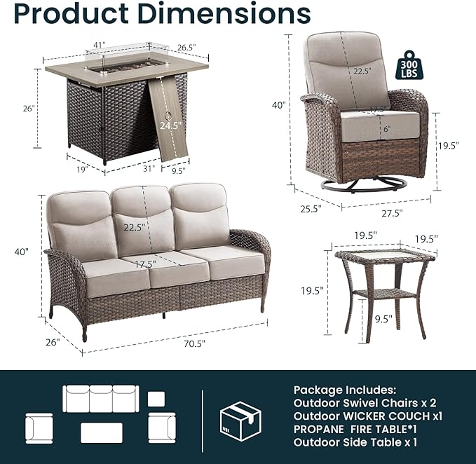 Luxury 6-Inch Cushion Patio Furniture Set with 41" Fire Pit Table, High Back Swivel Rocker Patio Chairs with Outdoor Couch, Outdoor Wicker Conversation for Deck Porch Garden Balcony Poolside