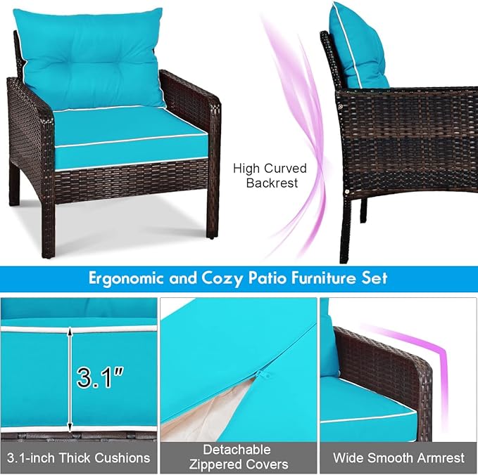 Tangkula 5 Pieces Wicker Patio Furniture Set, PE Rattan Outdoor All Weather Cushioned Sofas and Ottoman Set, 2-Person Outside Conversation Set for Lawn, Poolside, Yard, Balcony, Deck (Turquoise)